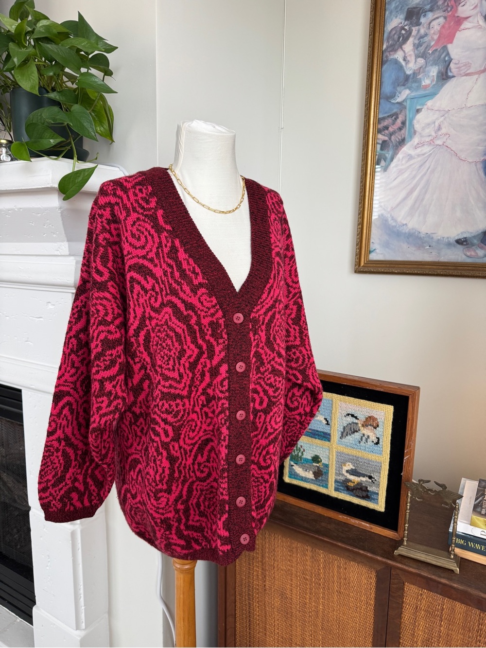 Benetton Burgundy and Hot Pink Floral Jacquard Button Cardigan